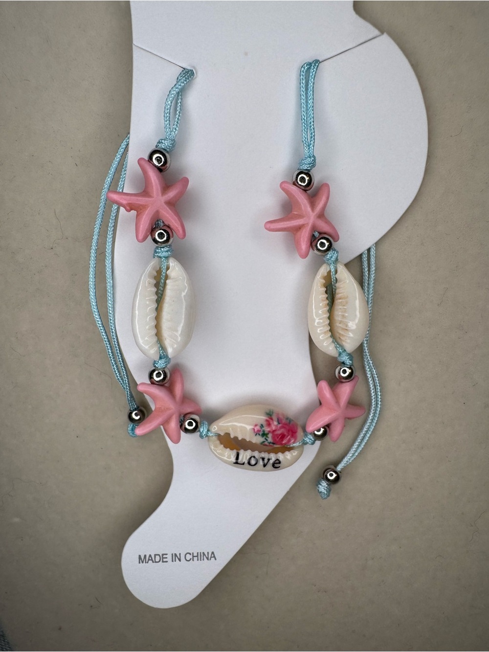 New Ellas Pink Starfish & Shell Anklet with 'Love' Shell Pendant
